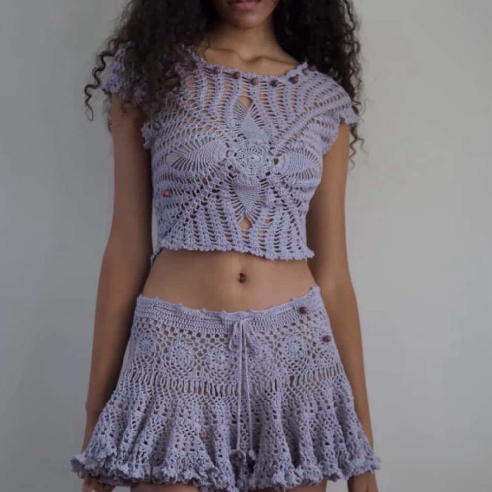 Nongrak tigers eye beaded crochet top in wine- Size S